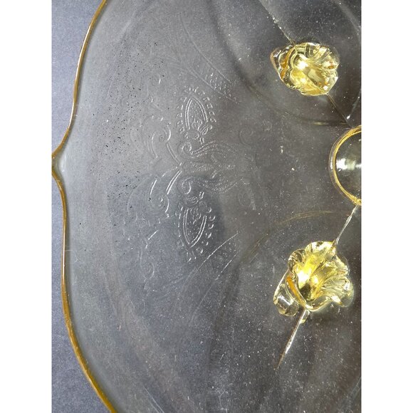 Vintage Lancaster Yellow Depression Glass Serving Cake Plate  Floral Etching - Picture 4 of 7
